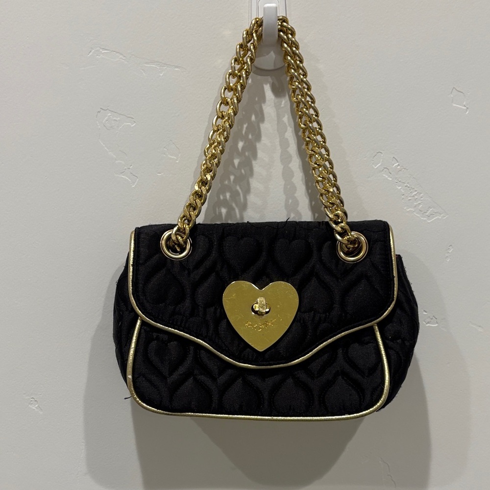 Betsey Johnson Black Quilted Heart Bag with Gold Chain